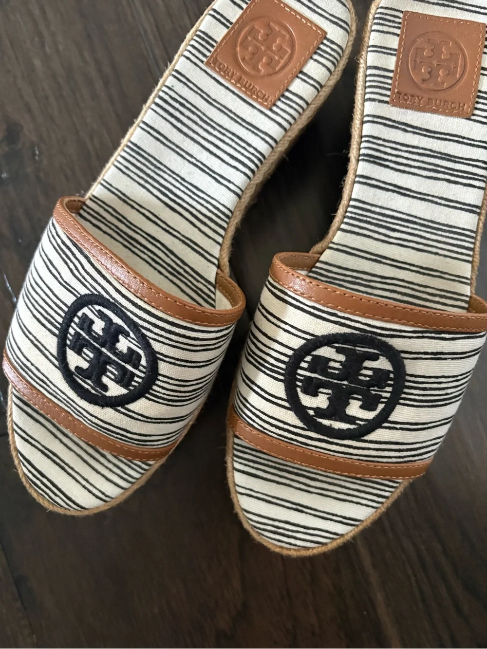 Tory Burch Black and Tan Striped Espadrille Wedge Slides
